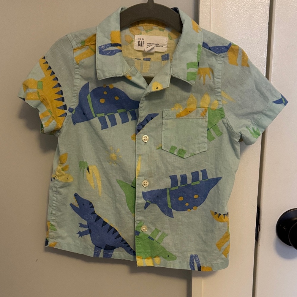 Baby Gap Dinosaur Print Linen Button Down Shirt 18-24M